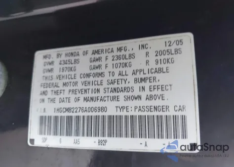 2006 Honda Accord 3.0 Lx z USA, uszkodzony, nr VIN 1HGCM82276A006980